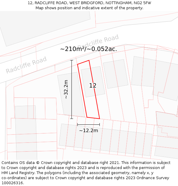 12, RADCLIFFE ROAD, WEST BRIDGFORD, NOTTINGHAM, NG2 5FW: Plot and title map