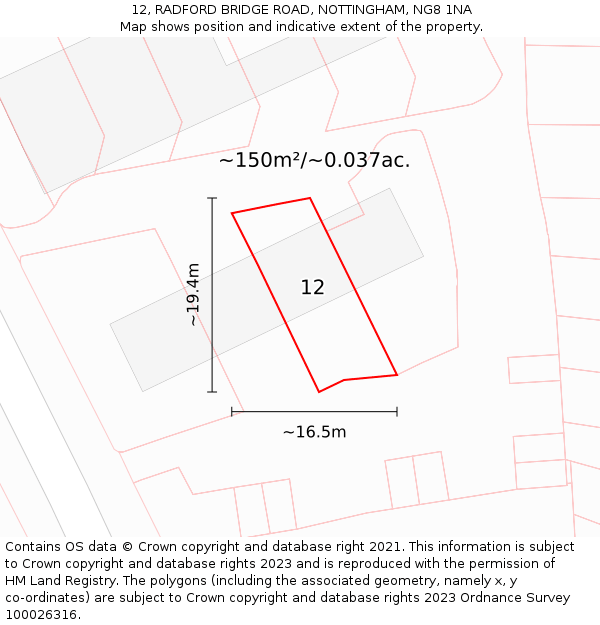 12, RADFORD BRIDGE ROAD, NOTTINGHAM, NG8 1NA: Plot and title map