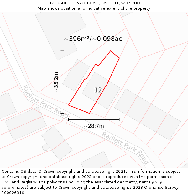 12, RADLETT PARK ROAD, RADLETT, WD7 7BQ: Plot and title map