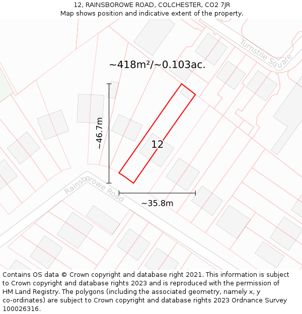 12, RAINSBOROWE ROAD, COLCHESTER, CO2 7JR: Plot and title map