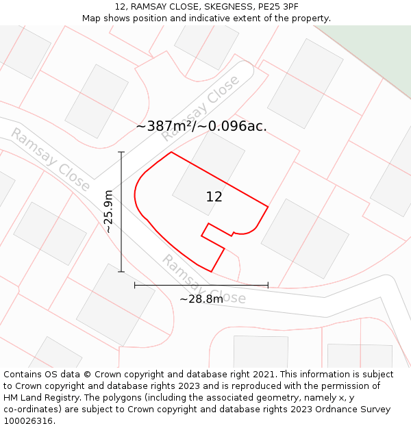 12, RAMSAY CLOSE, SKEGNESS, PE25 3PF: Plot and title map