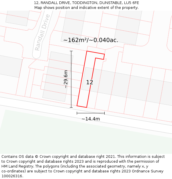 12, RANDALL DRIVE, TODDINGTON, DUNSTABLE, LU5 6FE: Plot and title map