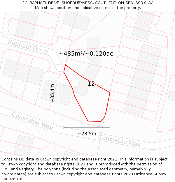 12, RAPHAEL DRIVE, SHOEBURYNESS, SOUTHEND-ON-SEA, SS3 9UW: Plot and title map