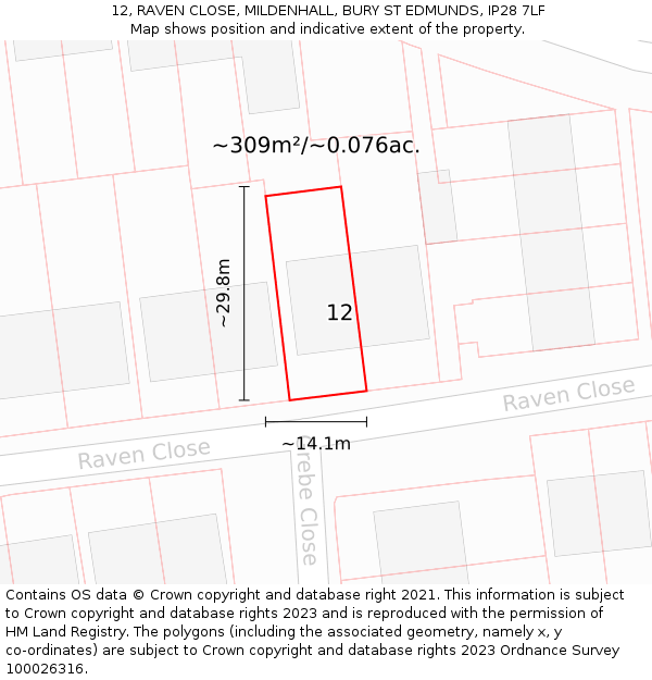 12, RAVEN CLOSE, MILDENHALL, BURY ST EDMUNDS, IP28 7LF: Plot and title map