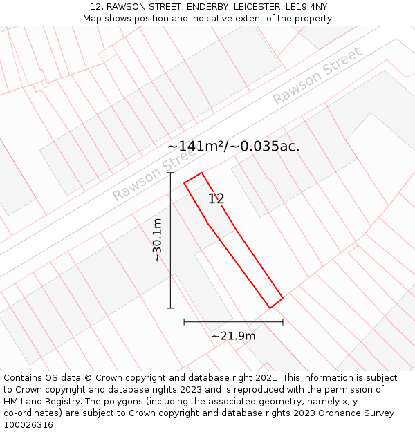 12, RAWSON STREET, ENDERBY, LEICESTER, LE19 4NY: Plot and title map