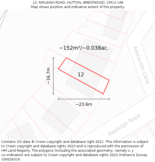 12, RAYLEIGH ROAD, HUTTON, BRENTWOOD, CM13 1AE: Plot and title map