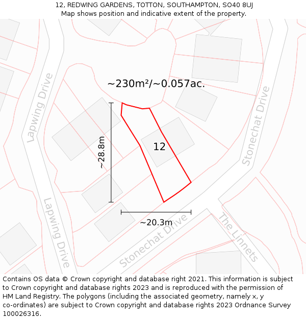 12, REDWING GARDENS, TOTTON, SOUTHAMPTON, SO40 8UJ: Plot and title map