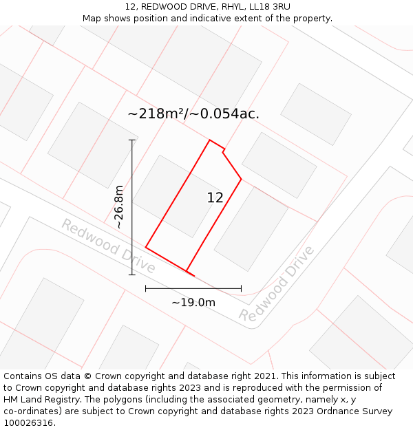 12, REDWOOD DRIVE, RHYL, LL18 3RU: Plot and title map