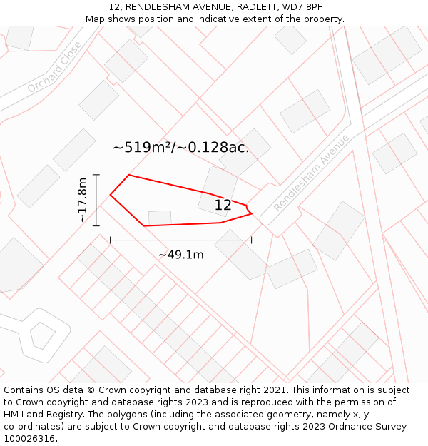 12, RENDLESHAM AVENUE, RADLETT, WD7 8PF: Plot and title map