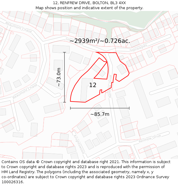 12, RENFREW DRIVE, BOLTON, BL3 4XX: Plot and title map