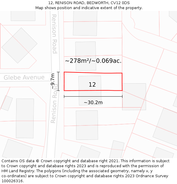 12, RENISON ROAD, BEDWORTH, CV12 0DS: Plot and title map