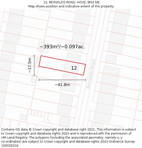 12, REYNOLDS ROAD, HOVE, BN3 5RJ: Plot and title map