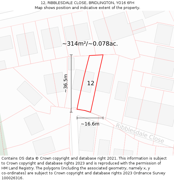 12, RIBBLESDALE CLOSE, BRIDLINGTON, YO16 6FH: Plot and title map