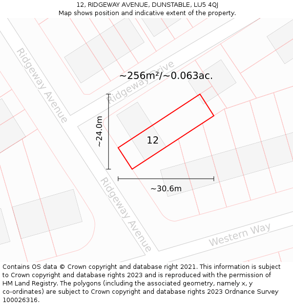 12, RIDGEWAY AVENUE, DUNSTABLE, LU5 4QJ: Plot and title map