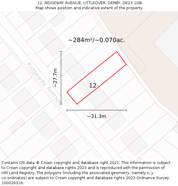 12, RIDGEWAY AVENUE, LITTLEOVER, DERBY, DE23 1GB: Plot and title map