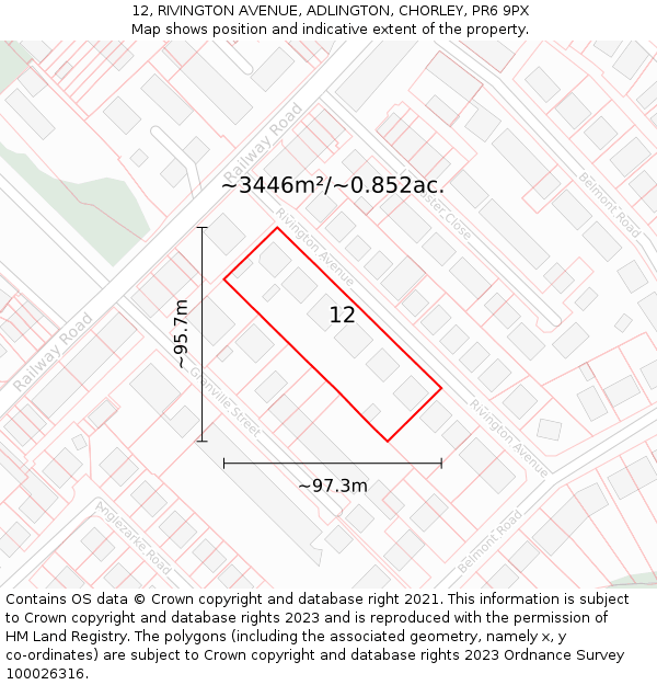 12, RIVINGTON AVENUE, ADLINGTON, CHORLEY, PR6 9PX: Plot and title map