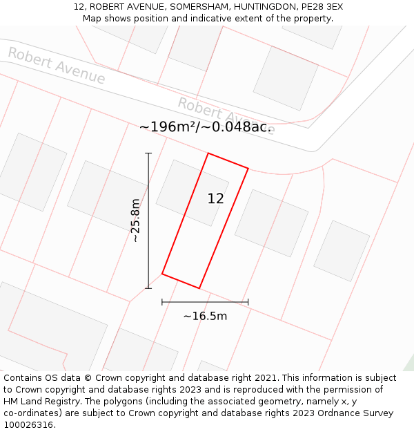 12, ROBERT AVENUE, SOMERSHAM, HUNTINGDON, PE28 3EX: Plot and title map