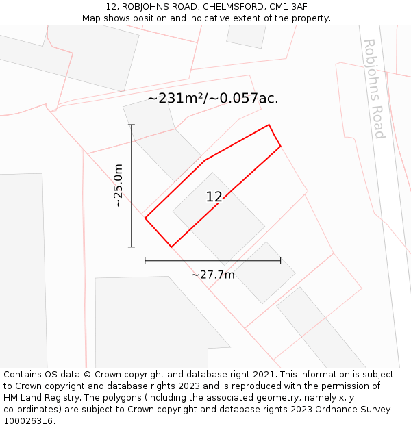 12, ROBJOHNS ROAD, CHELMSFORD, CM1 3AF: Plot and title map