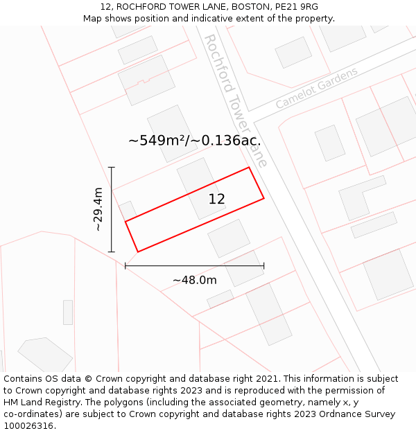 12, ROCHFORD TOWER LANE, BOSTON, PE21 9RG: Plot and title map