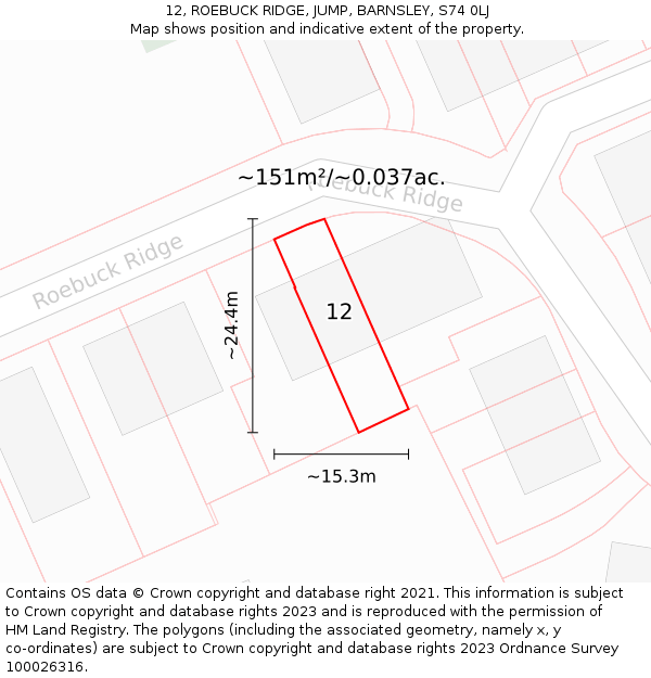 12, ROEBUCK RIDGE, JUMP, BARNSLEY, S74 0LJ: Plot and title map