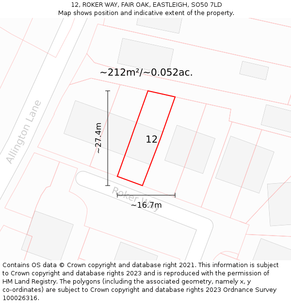 12, ROKER WAY, FAIR OAK, EASTLEIGH, SO50 7LD: Plot and title map