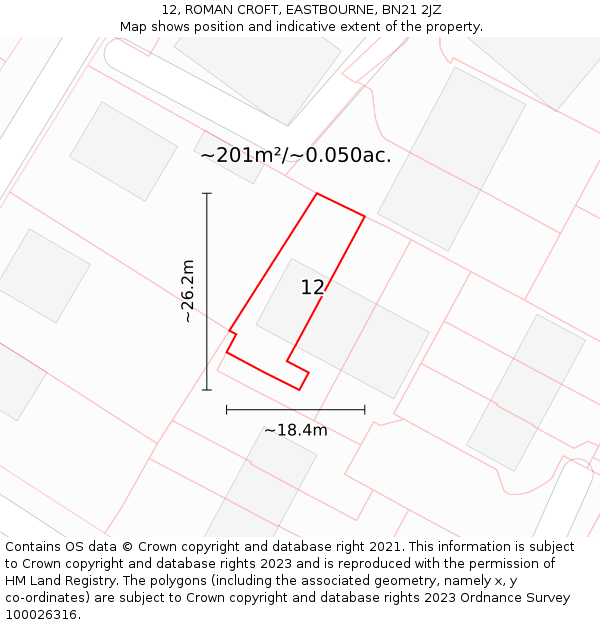 12, ROMAN CROFT, EASTBOURNE, BN21 2JZ: Plot and title map