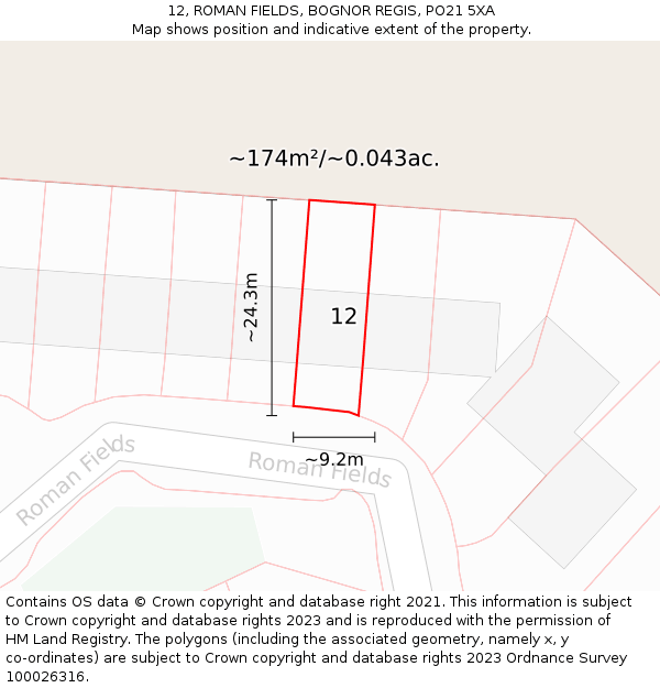 12, ROMAN FIELDS, BOGNOR REGIS, PO21 5XA: Plot and title map