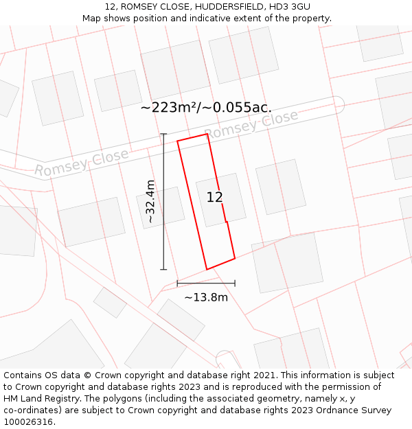 12, ROMSEY CLOSE, HUDDERSFIELD, HD3 3GU: Plot and title map