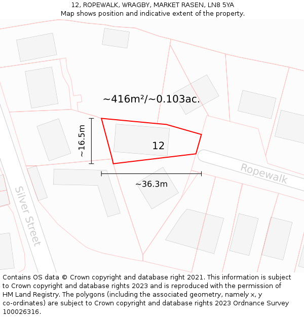 12, ROPEWALK, WRAGBY, MARKET RASEN, LN8 5YA: Plot and title map