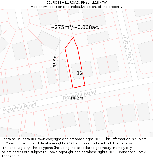 12, ROSEHILL ROAD, RHYL, LL18 4TW: Plot and title map