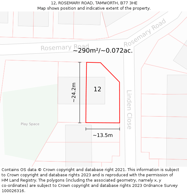 12, ROSEMARY ROAD, TAMWORTH, B77 3HE: Plot and title map