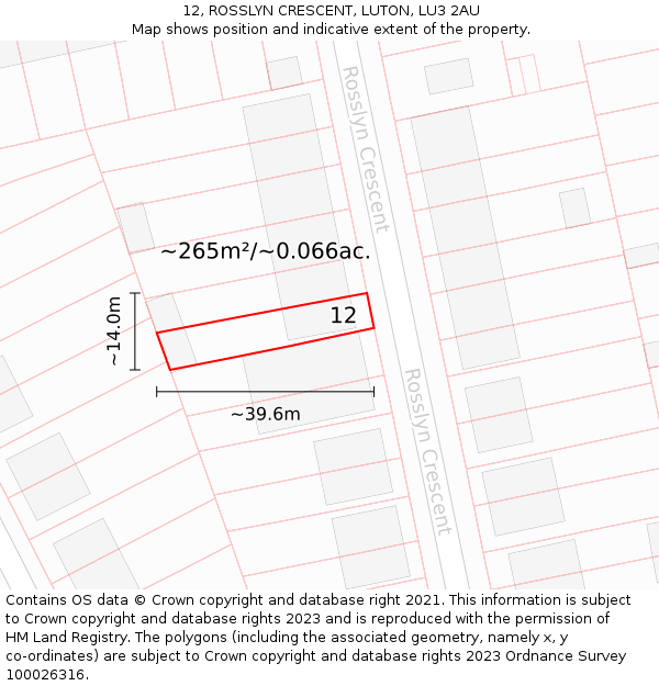 12, ROSSLYN CRESCENT, LUTON, LU3 2AU: Plot and title map