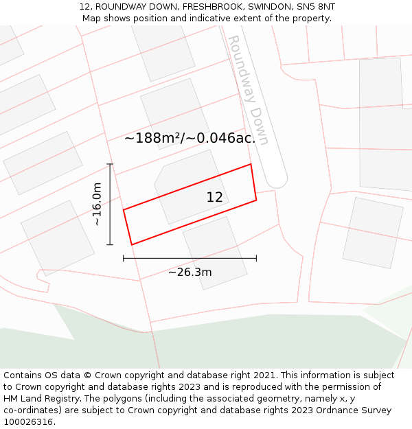 12, ROUNDWAY DOWN, FRESHBROOK, SWINDON, SN5 8NT: Plot and title map