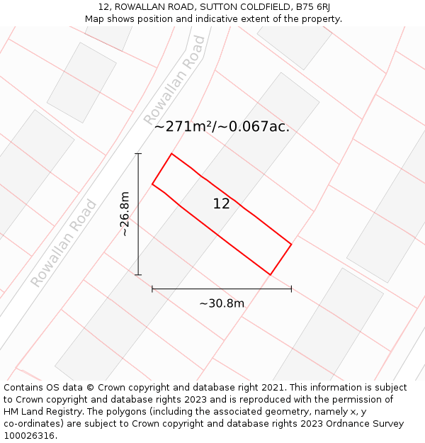 12, ROWALLAN ROAD, SUTTON COLDFIELD, B75 6RJ: Plot and title map