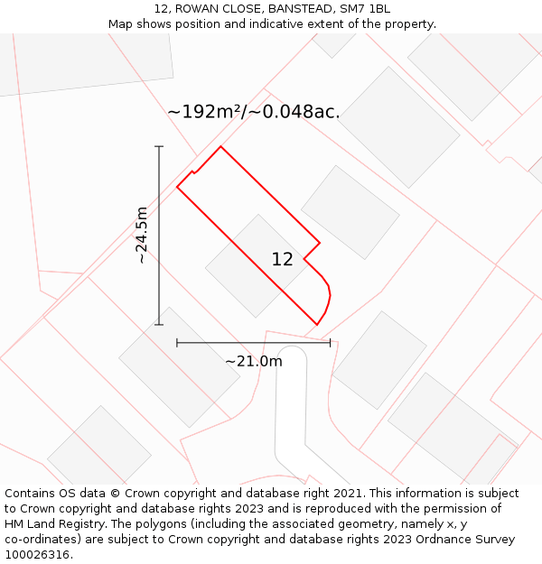 12, ROWAN CLOSE, BANSTEAD, SM7 1BL: Plot and title map