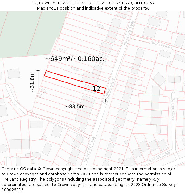 12, ROWPLATT LANE, FELBRIDGE, EAST GRINSTEAD, RH19 2PA: Plot and title map