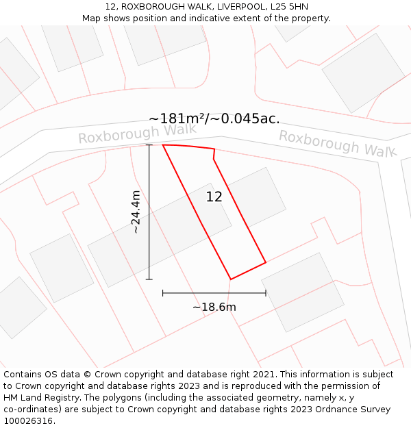 12, ROXBOROUGH WALK, LIVERPOOL, L25 5HN: Plot and title map