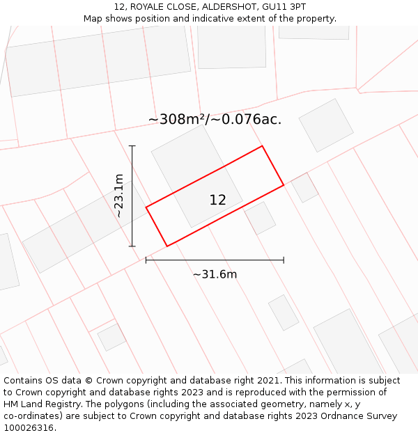 12, ROYALE CLOSE, ALDERSHOT, GU11 3PT: Plot and title map