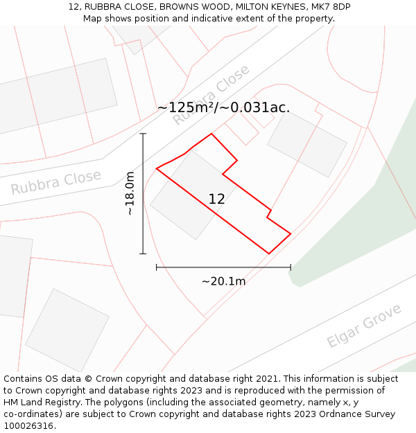 12, RUBBRA CLOSE, BROWNS WOOD, MILTON KEYNES, MK7 8DP: Plot and title map