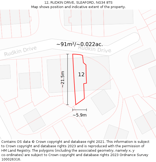 12, RUDKIN DRIVE, SLEAFORD, NG34 8TS: Plot and title map