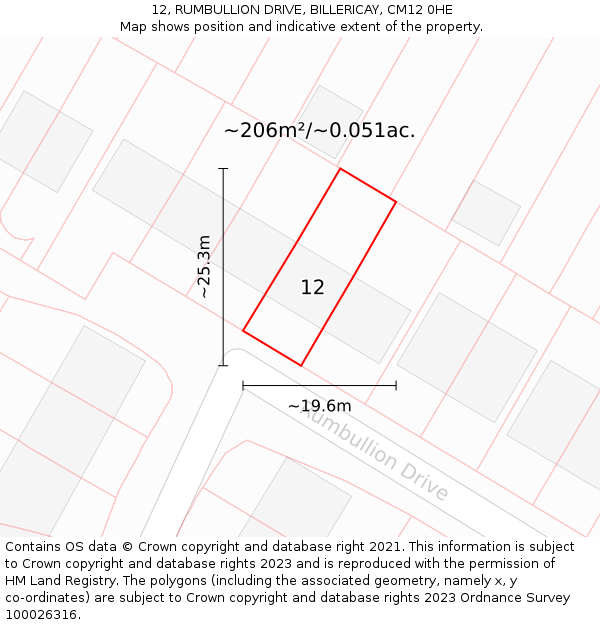 12, RUMBULLION DRIVE, BILLERICAY, CM12 0HE: Plot and title map