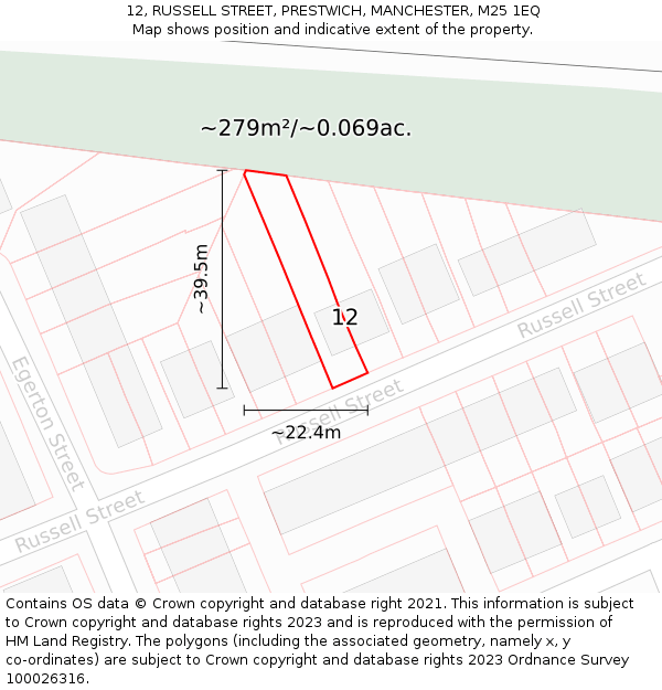 12, RUSSELL STREET, PRESTWICH, MANCHESTER, M25 1EQ: Plot and title map