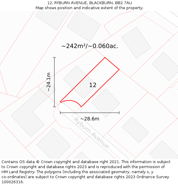 12, RYBURN AVENUE, BLACKBURN, BB2 7AU: Plot and title map