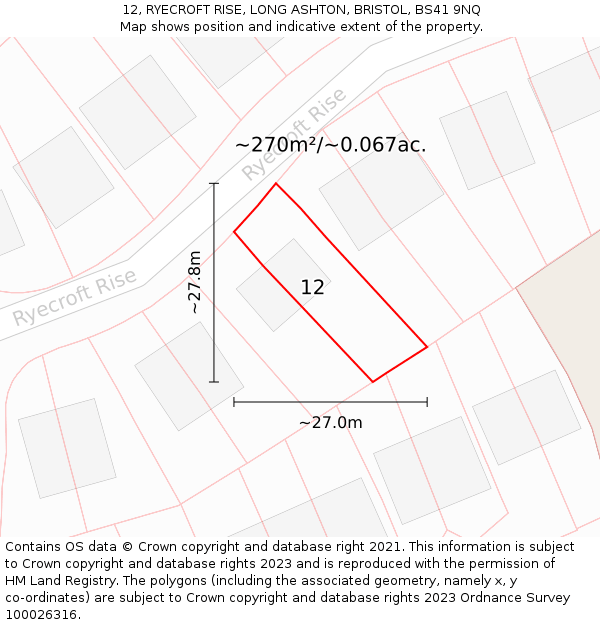 12, RYECROFT RISE, LONG ASHTON, BRISTOL, BS41 9NQ: Plot and title map