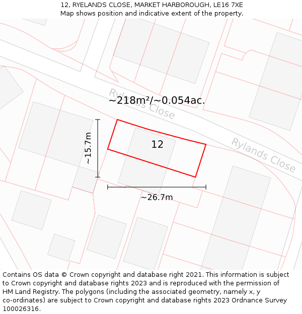 12, RYELANDS CLOSE, MARKET HARBOROUGH, LE16 7XE: Plot and title map