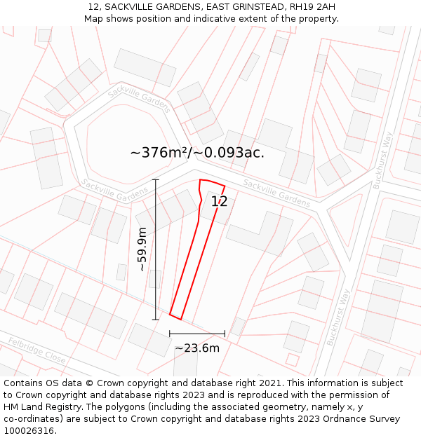 12, SACKVILLE GARDENS, EAST GRINSTEAD, RH19 2AH: Plot and title map