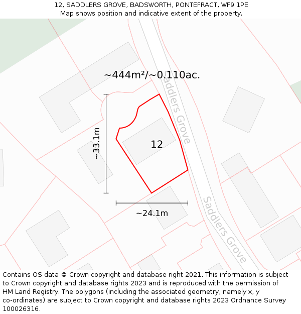 12, SADDLERS GROVE, BADSWORTH, PONTEFRACT, WF9 1PE: Plot and title map