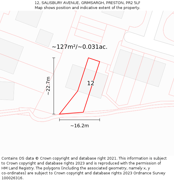 12, SALISBURY AVENUE, GRIMSARGH, PRESTON, PR2 5LF: Plot and title map