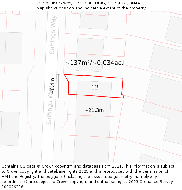12, SALTINGS WAY, UPPER BEEDING, STEYNING, BN44 3JH: Plot and title map