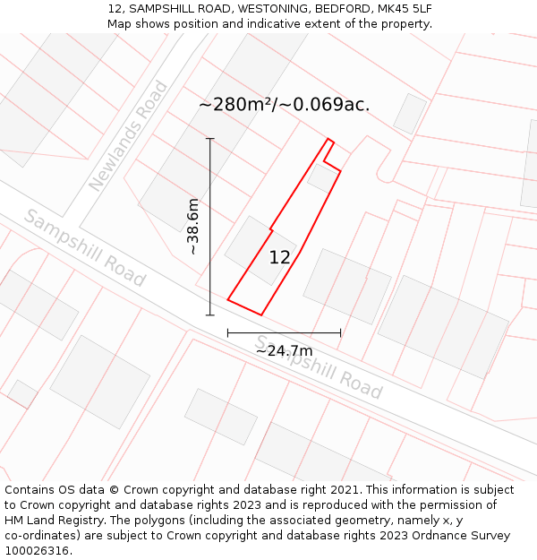 12, SAMPSHILL ROAD, WESTONING, BEDFORD, MK45 5LF: Plot and title map